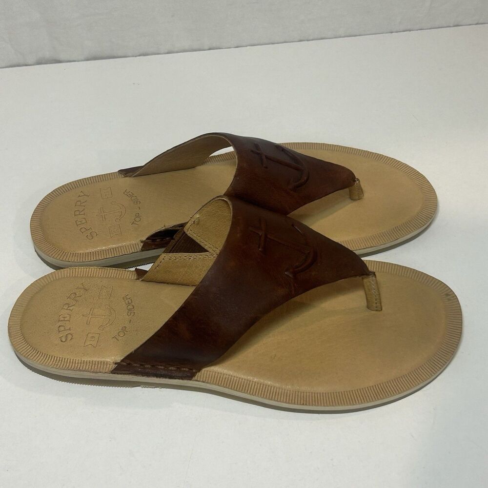 Sperry Top Sider Thong Leather Flip Flop Anchor Brown Nautical Women's Size 7.5